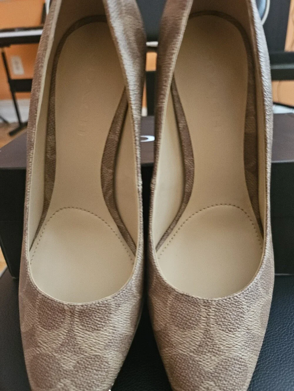 Coach Tan Brown Patterned Heeled Pumps with Gold Trim